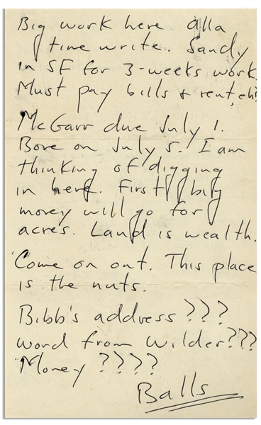 Hunter S. Thompson Autograph Letter From Big Sur -- ''...First big money will go for acres. Land is wealth...''